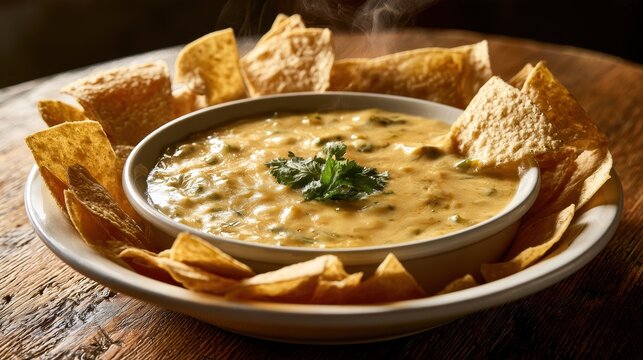 Warm Mexican queso dip with corn tortilla chips on a white plate, rustic wooden table setting