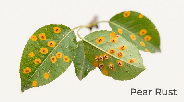 Pear leaves with yellow and orange spots indicating rust disease