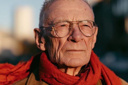 Warm portrait of an elderly man in a red scarf and aviator-style glasses in autumn light