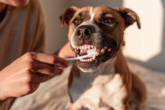 Warm scene of a pet owner caring for a dog's teeth with a toothbrush