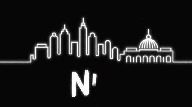 Gleaming white line drawing of a modern city skyline silhouette, revealing skyscrapers and classical architecture
