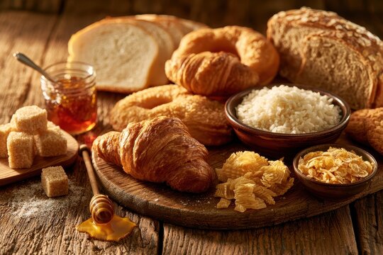 Warm-toned arrangement of breads, pastries, jams, and grains