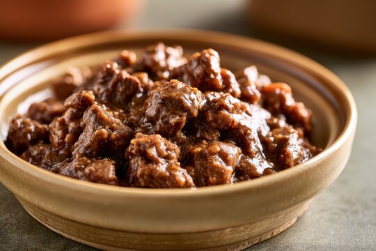 Warm-toned close-up of wet pet food with meat chunks and gravy in a bowl