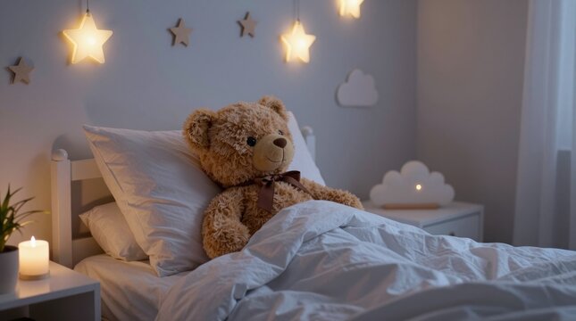 A cozy bedroom scene featuring a large teddy bear tucked in bed, surrounded by decorative stars and soft lighting, creating a tranquil atmosphere perfect for children.