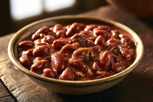 Warm-toned kitchen scene featuring red kidney beans in sauce on a rustic dark wood background