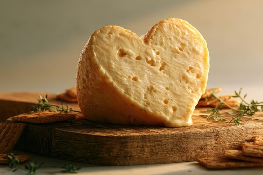 Warm-toned heart cheese art on natural board with crackers and herbs for a festive dairy display