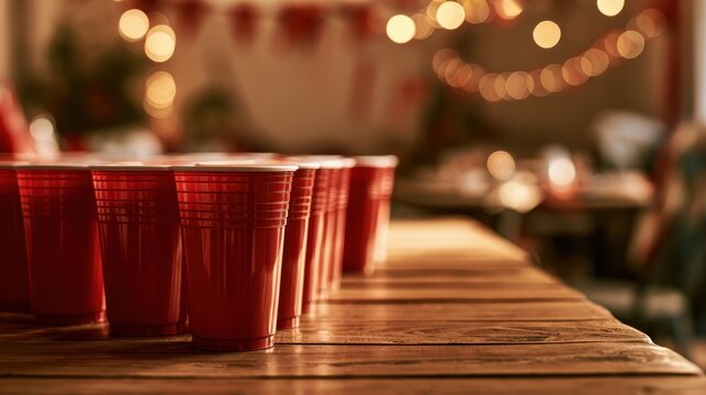 Warm-toned party table featuring triangular cups and empty space for advertising copy
