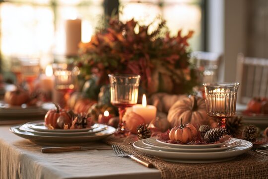 Warm-toned Thanksgiving table ready for a holiday feast with gourds, leaves and fine tableware