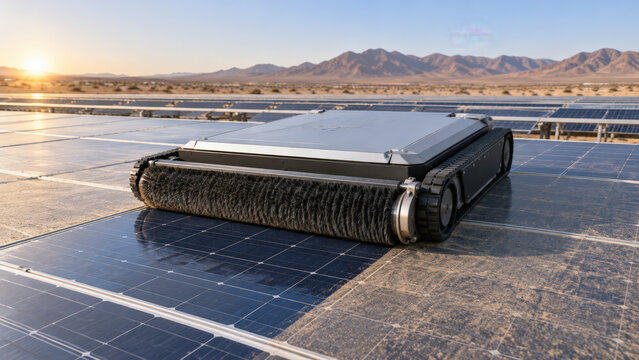 Solar panel cleaning robot on photovoltaic array in desert landscape at sunrise with mountain range and reflective technology