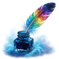 Obraz premium Colorful rainbow feather quill sits in blue inkwell. Vibrant magical feather tool for writing in glass bottle. Dreamy glowing ink with swirling smoke effect on white background. Fantasy concept for