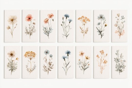 Watercolor Boho Wildflower Illustration: Poppies, Cornflowers, Tansy and Shepherd's Purse in a Soft Pastel Garden Palette