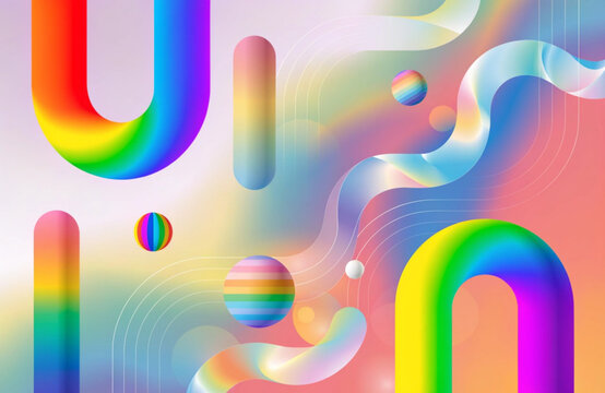 Abstract rainbow shapes and spheres on pastel gradient background.