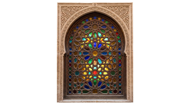 Intricate stained glass window with geometric patterns in an as PNG asset