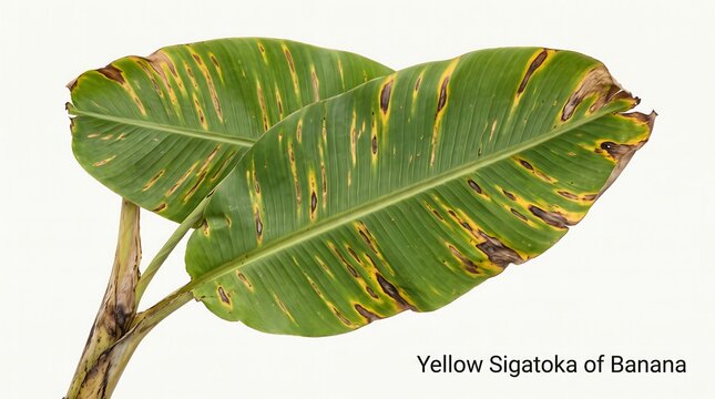 Banana leaves showing yellow sigatoka disease with necrotic spots