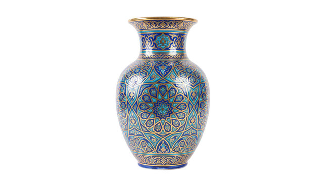 Elegant blue and gold decorative vase with intricate floral and as cut out PNG