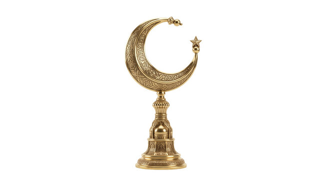 Gold crescent moon decorative stand with star and lotus base as transparent PNG
