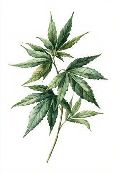 Watercolor hemp leaf branch on white background &acirc;&euro;&ldquo; botanical illustration