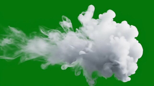 Dynamic white smoke plume cloud puff flowing horizontally on vibrant green screen background for video overlay effects compositing and motion graphics use