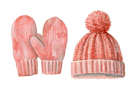 Watercolor knitted mittens and hat with pom-pom on white background