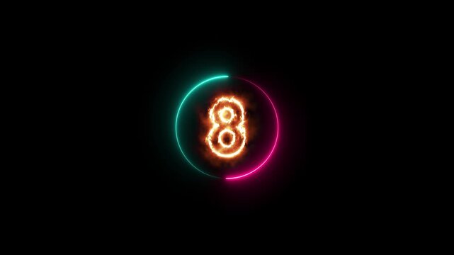 Number 8 eight text animation, 8 eight number neon fire animation on black background 4k video, Fire neon number text background, Burning Number Eight,