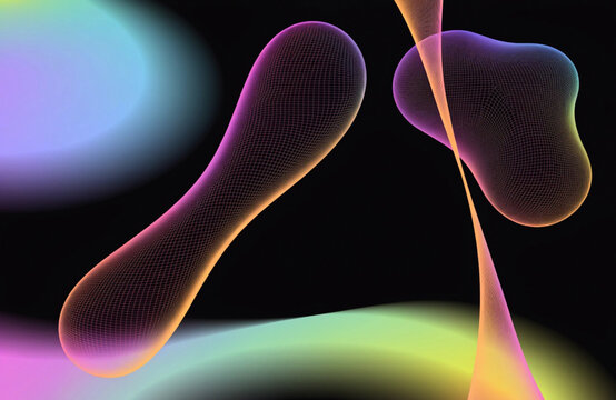 Abstract amorphous shapes with wireframe mesh on black background.