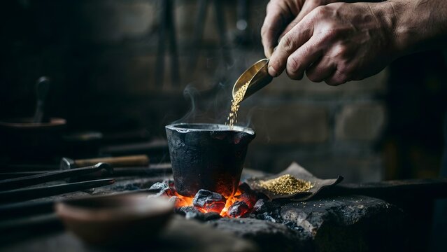 Traditional blacksmith forging metal by heating over open fire with glowing embers
