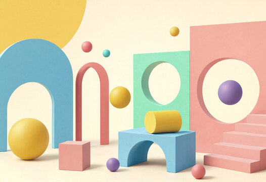 Minimalist abstract composition with pastel geometric shapes and spheres.