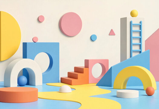 Playful pastel geometric shapes and objects arranged on a light blue background for abstract design concepts.