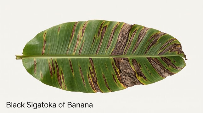 Banana leaf showing advanced symptoms of Black Sigatoka disease with distinct brown streaks