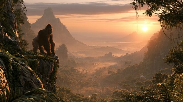 A silverback gorilla standing on a rocky, vegetation-covered ledge overlooking a lush jungle basin at sunset. Majestic great ape observing the scenic landscape in a realistic 3D rendering.