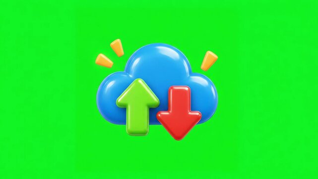 3D cloud icon with upload and download arrows on green screen background
