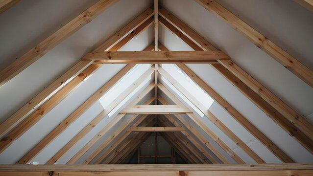 Interior view of a wooden attic space with exposed rafters and beams in unfinished home construction