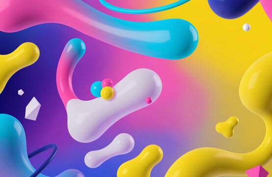 Vibrant abstract liquid forms and spheres in bright gradient background.