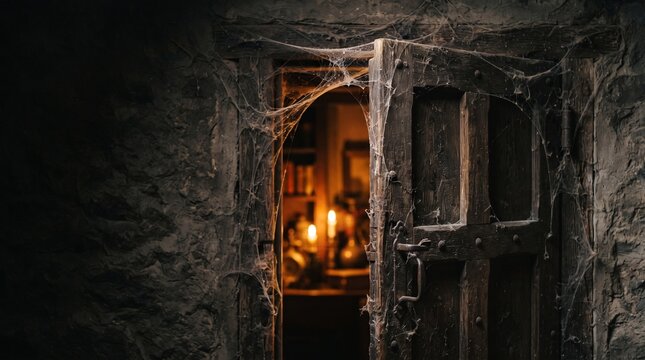 Ancient wooden door covered in cobwebs, opening to a dimly lit room