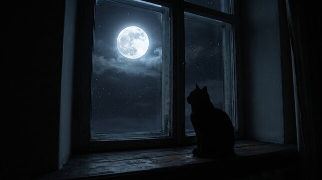 Silhouette cat looking at full moon through a window at night