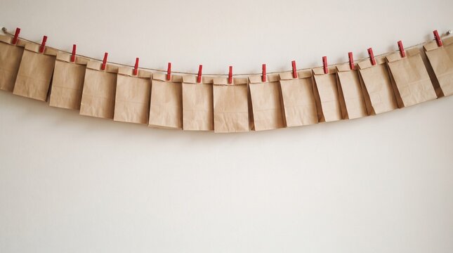 Row of brown paper bags hanging on a string with red clips