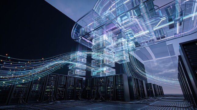 A large server room with rows of black server racks and a glowing digital cloud structure floating above, connected by streams of blue light data