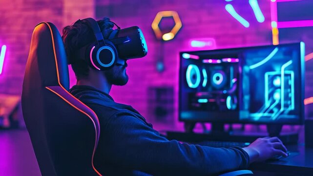 Futuristic gaming room with vr headset player neon lights and high performance computer showing immersive virtual reality entertainment esports lifestyle and modern cyber technology experience concept