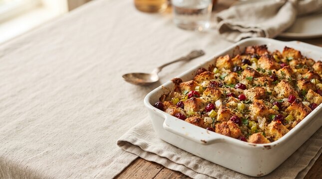 Baked stuffing with cranberries and herbs in a casserole dish
