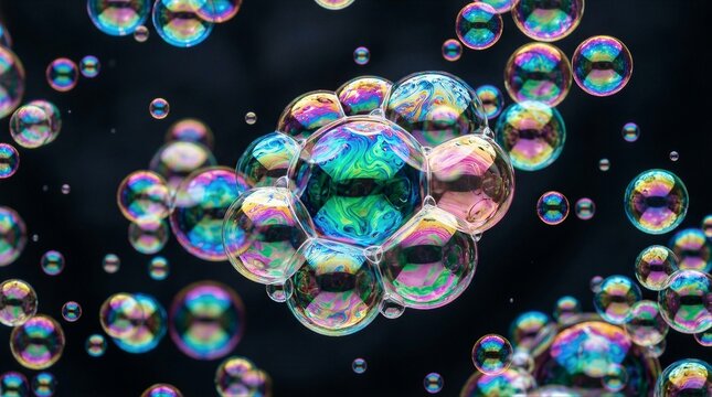 Soap bubble cluster floating against dark background