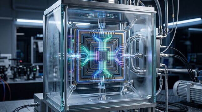 A high-tech computer processor chip glowing with neon blue and green light inside a glass vacuum chamber in a laboratory setting