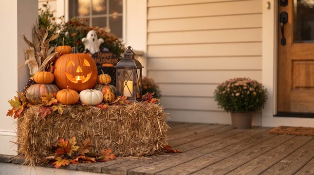Outdoor Halloween porch decor with carved pumpkin and hay bale