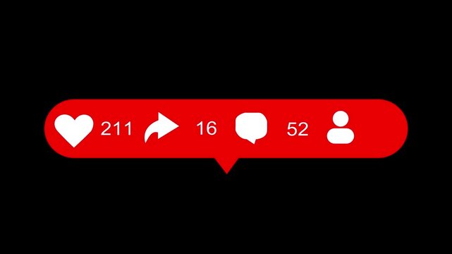 animated social media notification icons with numbers for likes shares comments and followers on black background.Motion graphics