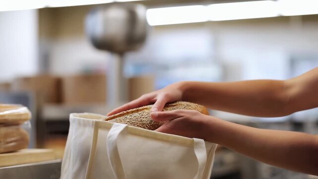 Hands lower a seeded loaf of bread into an open reusable fabric shopping bag at a store counter, with packaged baked goods and softly blurred store interior in the background