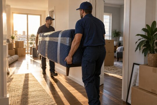 Two professional movers carrying a sofa down an apartment hallway.