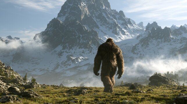 Bigfoot, or Sasquatch, walking through a rugged mountain landscape, creating a mysterious wilderness scene inspired by the legendary creature.