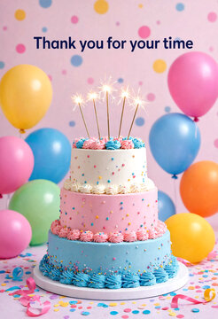 Colorful birthday cake with sparklers surrounded by balloons and confetti