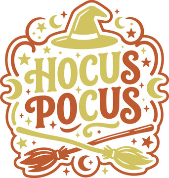 Colorful magical spell casting illustration featuring hocus pocus text and wands