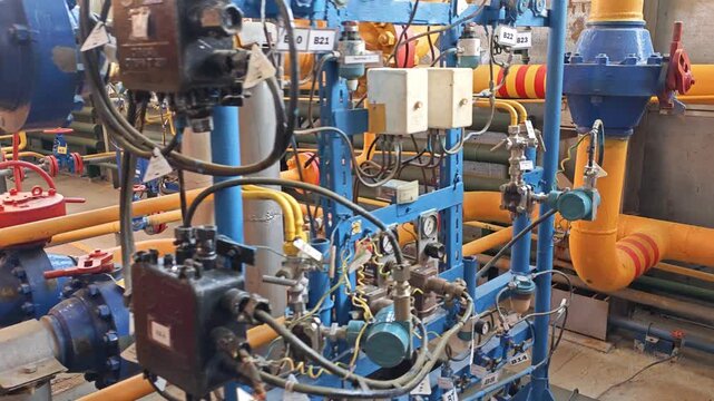 Industrial system shows interconnected pipes, gauges and shutoff valves. Painted metal equipment and compact control units emphasize regulated plant layout built for continuous flow handling.