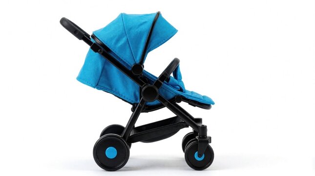 Side view of blue toy stroller with black frame, wheels. Miniature baby pushchair isolated on white background. Small plastic carriage for kids play doll accessory. Simple modern design for toddler